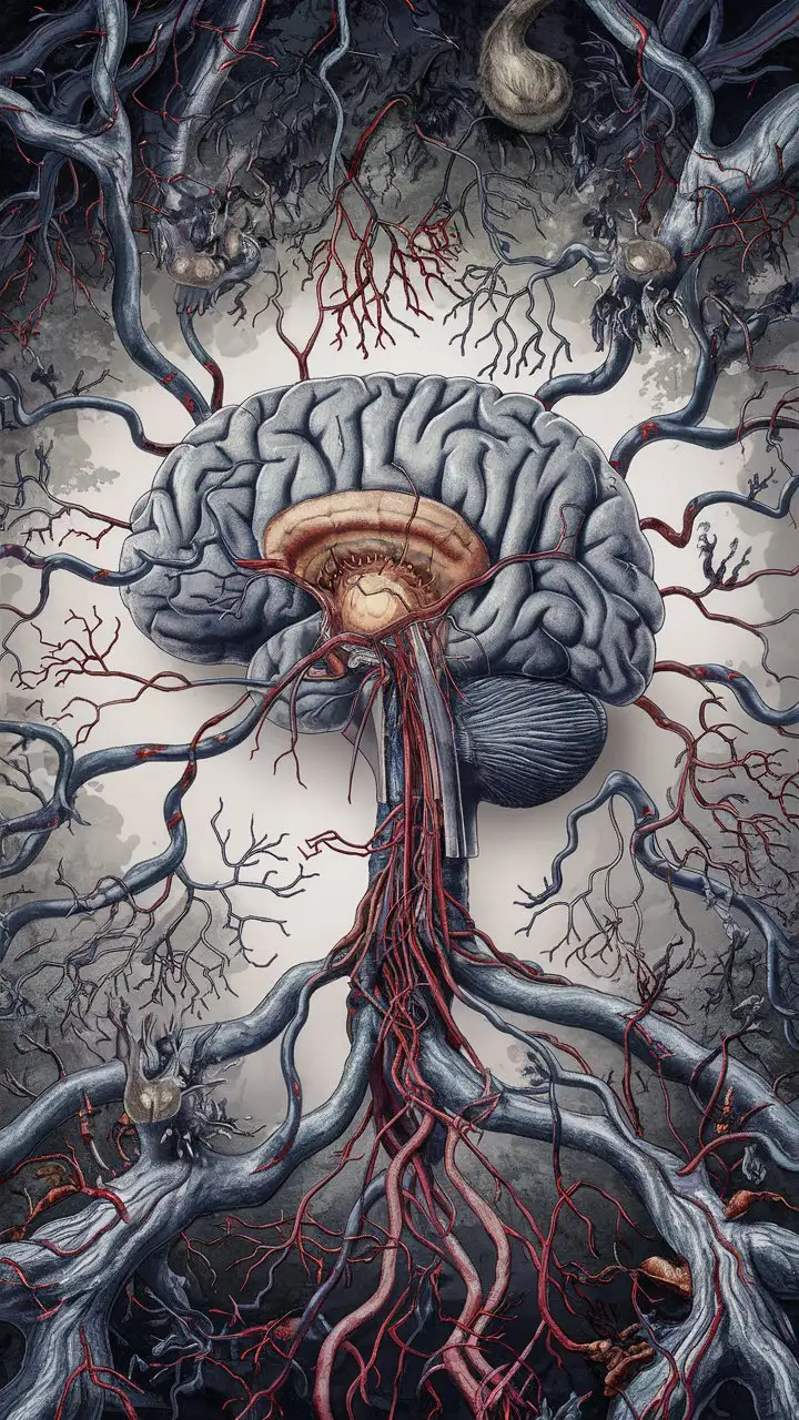 a drawing of a brain on a branch, nervous system, nerve system, visible nervous system, with arteries as roots, neuron, nerve cells, rhizomatic network, root system, immortal neuron, neuron dendritic monster, human circulatory system, blood vessels, grey matter and neurons, axon, dense web of neurons firing