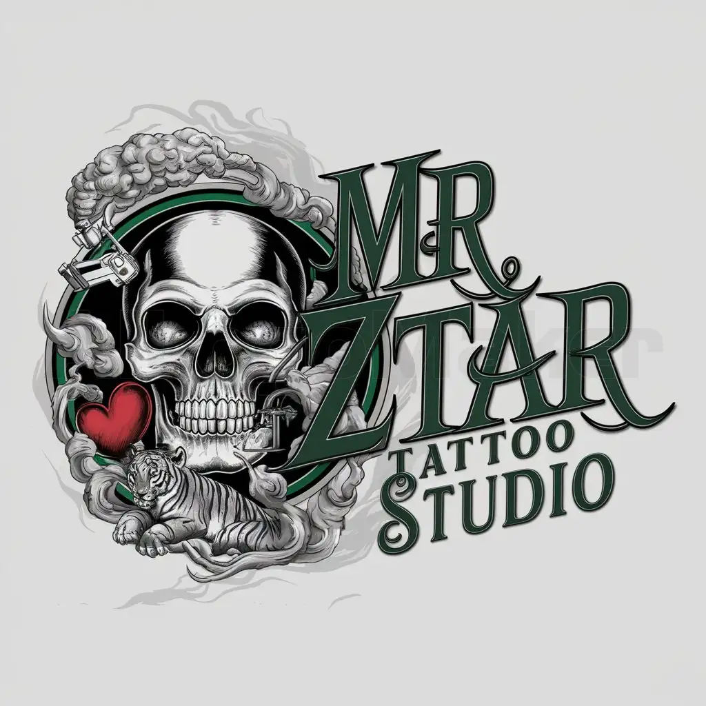 a logo design,with the text "MR.ZTAR TATTOO STUDIO", main symbol:a logo design,with the text 'MR. ZTAR TATTOO STUDIO', main symbol:old school black and white skull, Circle, smoke, Tattoo Machine, heart, Moderate, clear background, metal fonts, green fonts, tiger black,complex,clear background