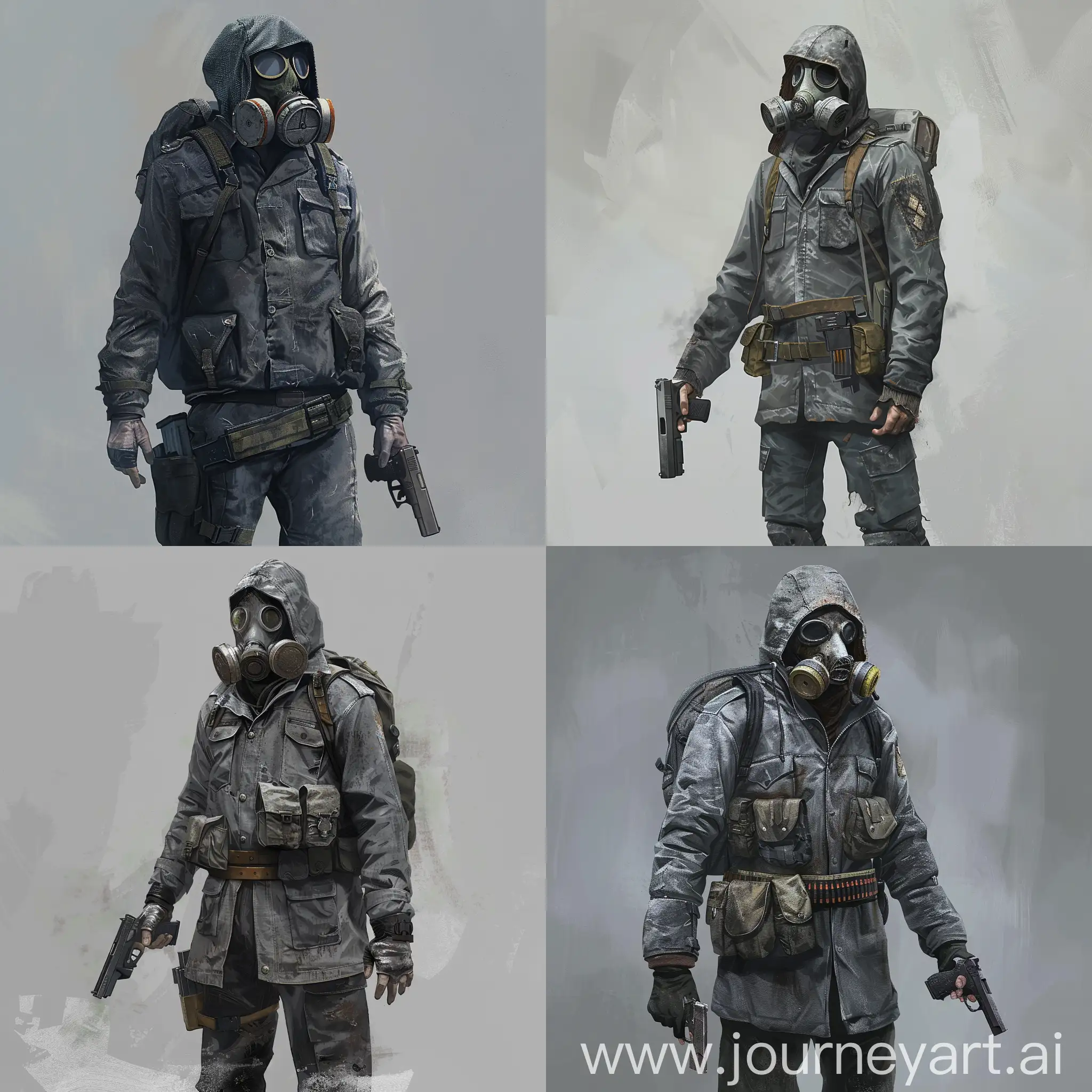 Stalker character concept art, gasmask, gray old jacket, small backpack, a belt with pouches on the waist, pistol in hand, digital concept art