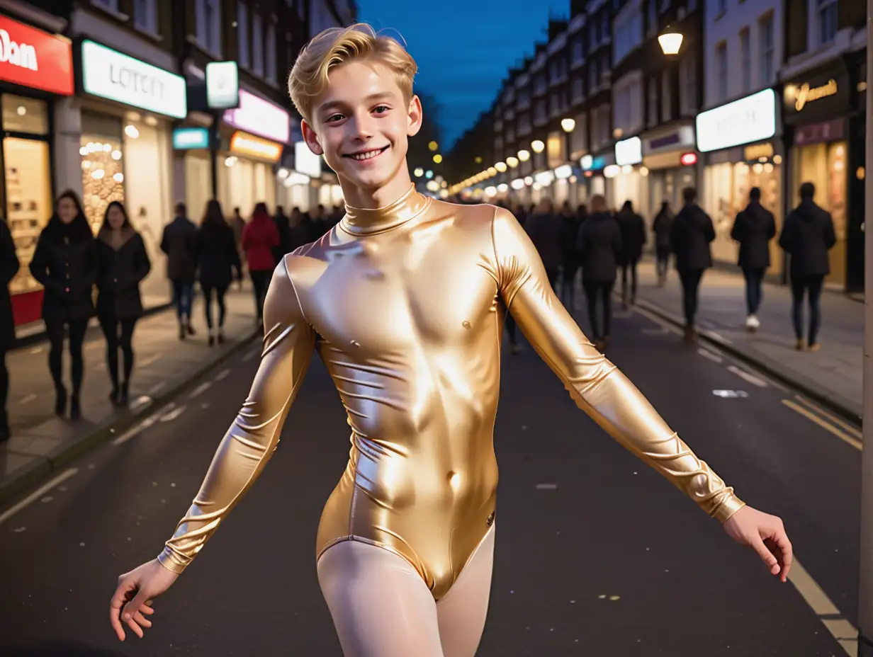 thin 15 year old blond boy in skin-tight gold long-sleeved high-necked leotard and bare legs and gold ballet shoes. smiling at camera in London street at night