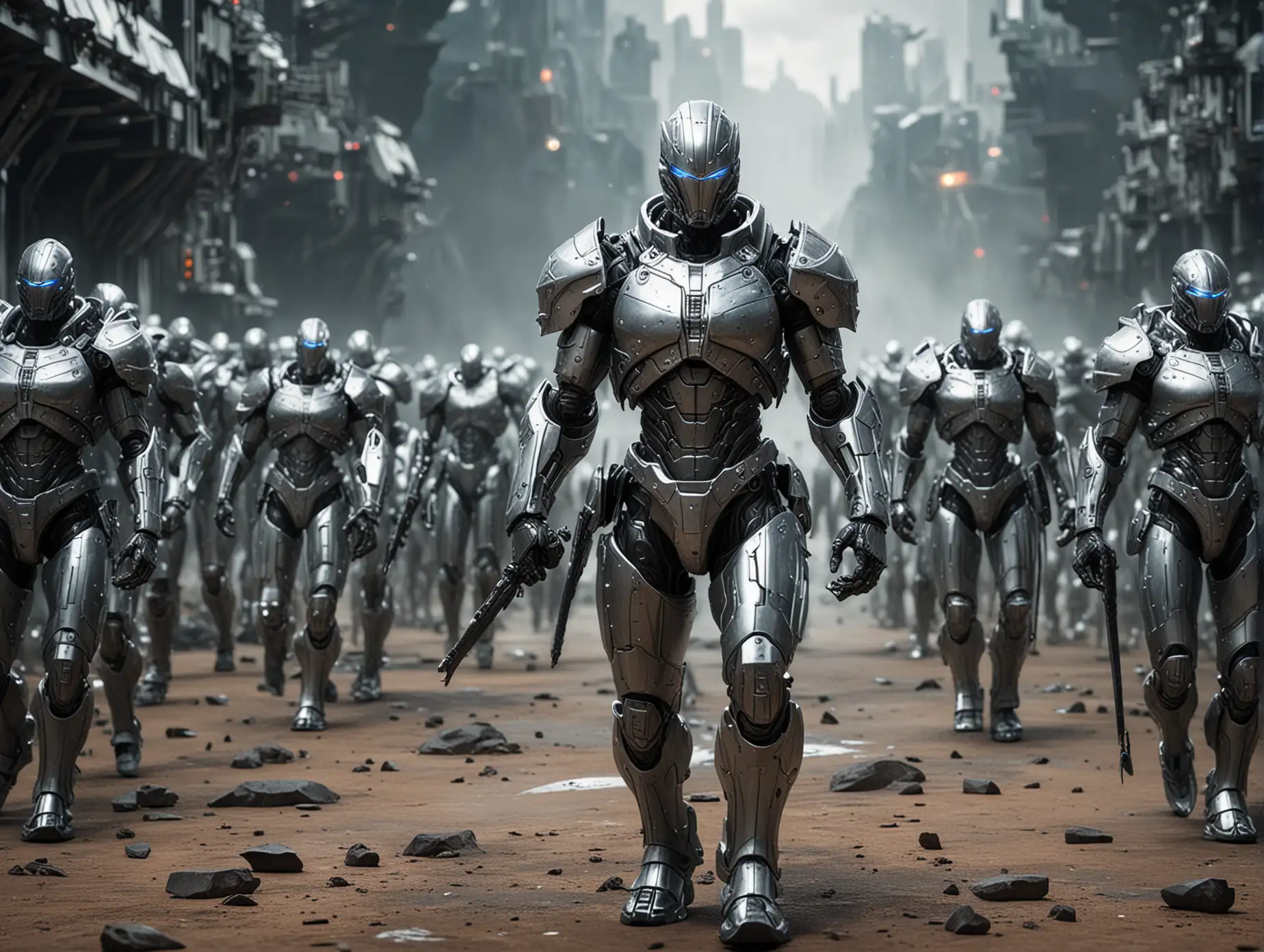 a futuristic silver armored melee huge human army with melee weapons.
with sci-fi background.