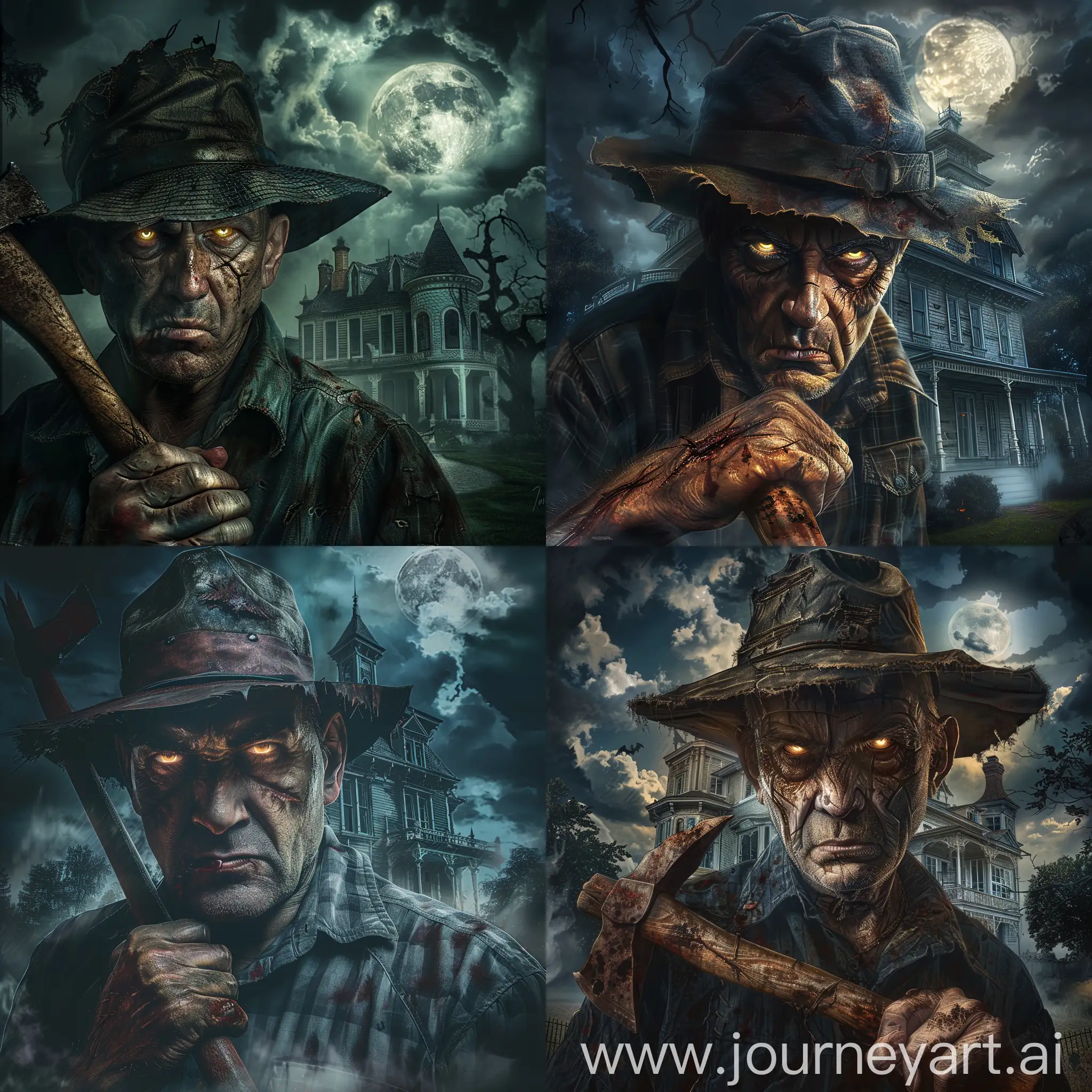 Middle-aged man exuding menace, shadow-draped face, sunken eyes aglow under the brim of a tattered hat, grips a rusted axe, background of a dilapidated Victorian mansion, ominous clouds overhead, full moon piercing through, hint of fog creeping along the ground, chiaroscuro lighting, digital painting, dramatic lighting, ultra realistic