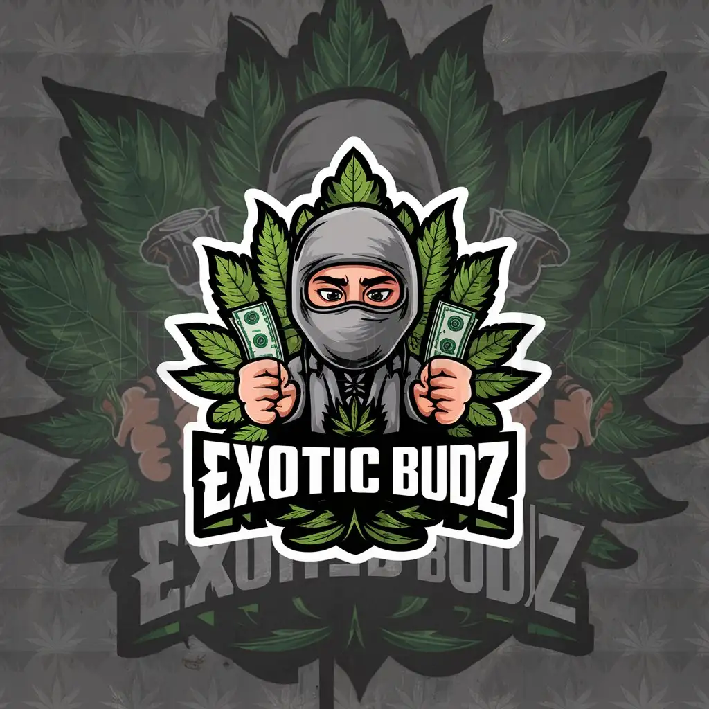 a logo design,with the text "Exotic Budz", main symbol:A highly detailed weed inspired background with a cartoon character wearing a balaclava holding money and a joint,Moderate,be used in Others industry,clear background