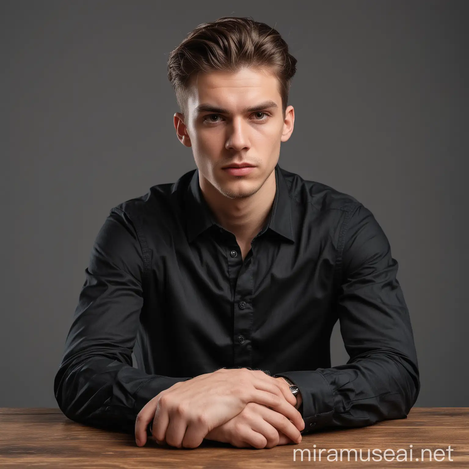 Serious young man sitting on a table and looking in camera in black pent and shirt
