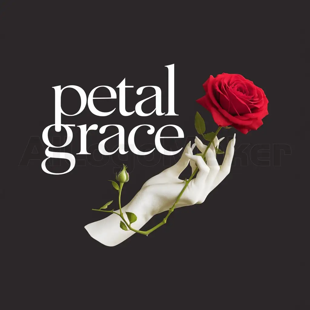 a logo design,with the text "petal grace", main symbol:a hand holding a rose with the vine wrapped around the wrist. with the wrist at an angle and the hand white with a black back round and the rose colored,Moderate,clear background