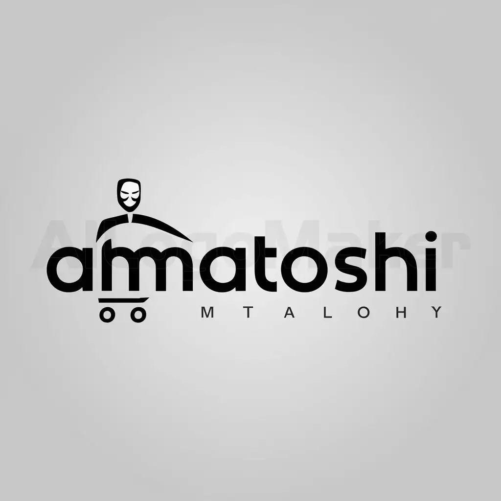 a logo design,with the text "Amatoshi", main symbol:Anon person with mask carry a Shopping cart,Minimalistic,clear background