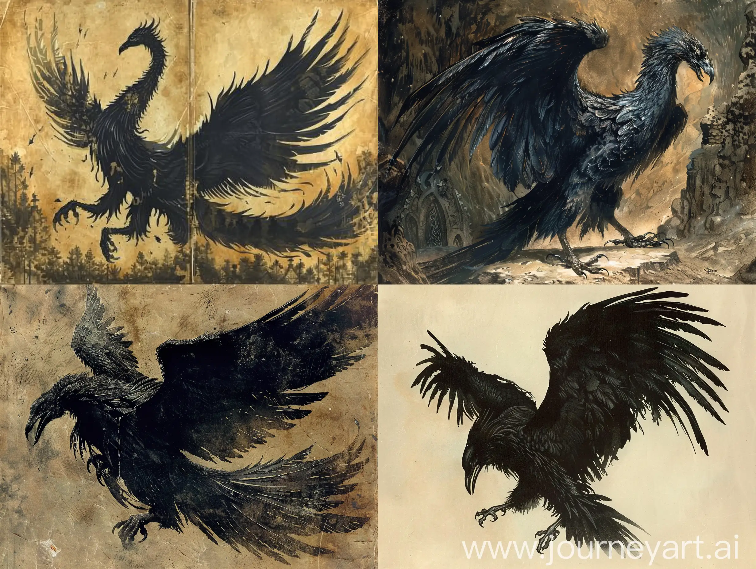 Illustration from an old book, 1987's. Illustration from a dark fantasy book. A black phoenix. Dark souls illustration, 1980's.