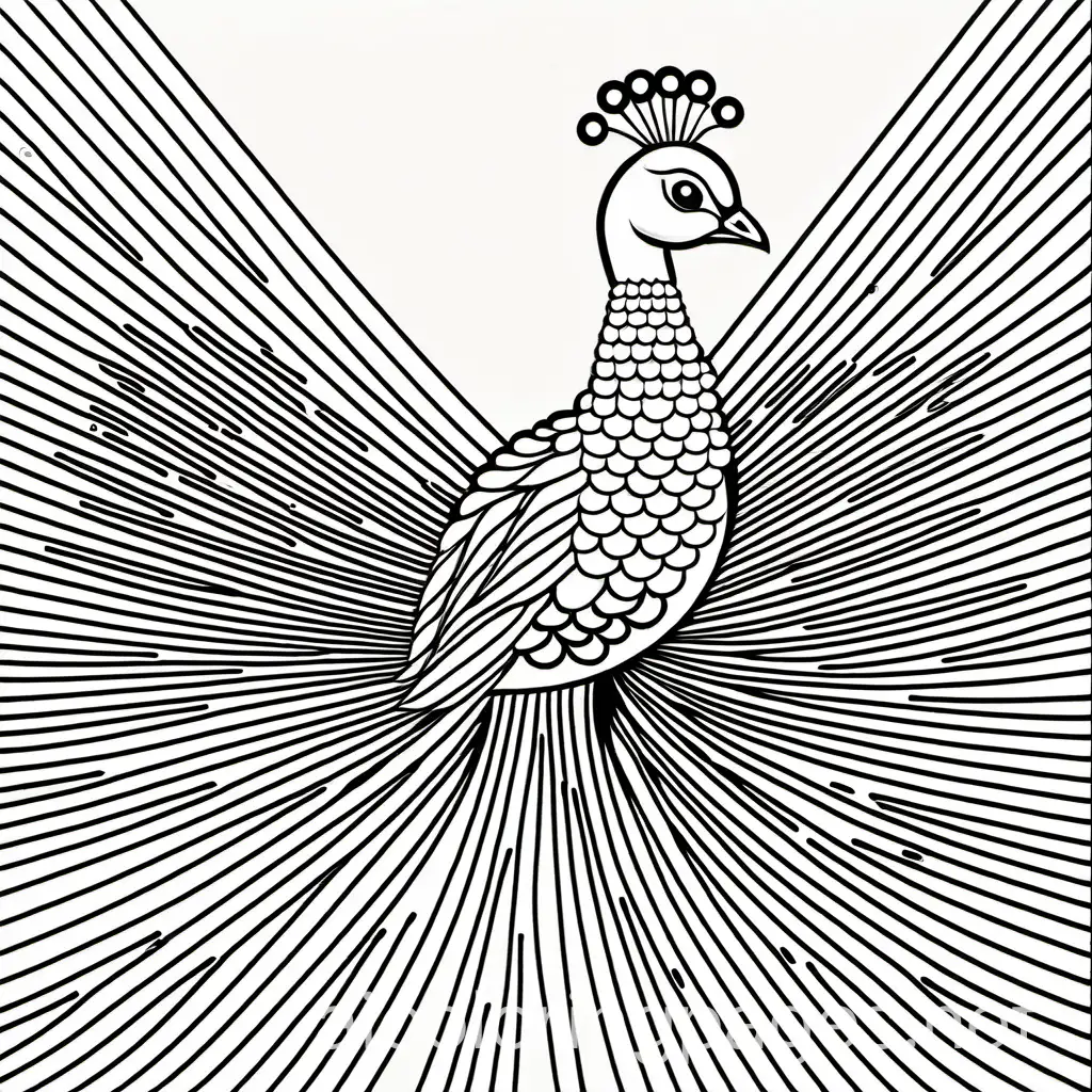 Peacock, Coloring Page, black and white, line art, white background, Simplicity, Ample White Space. The background of the coloring page is plain white to make it easy for young children to color within the lines. The outlines of all the subjects are easy to distinguish, making it simple for kids to color without too much difficulty