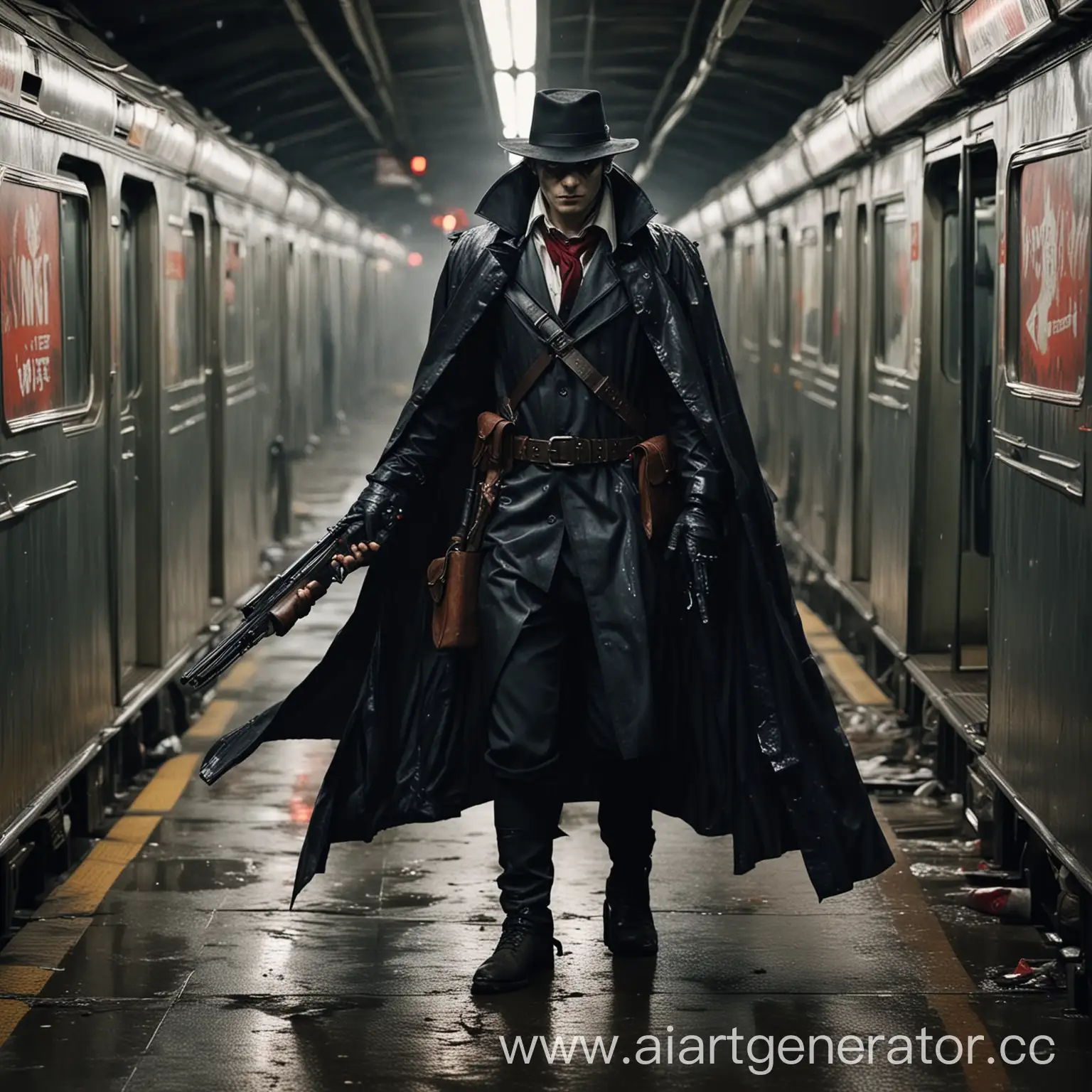 A vampire hunter in a raincoat with two sawn-off shotguns goes hunting in the subway