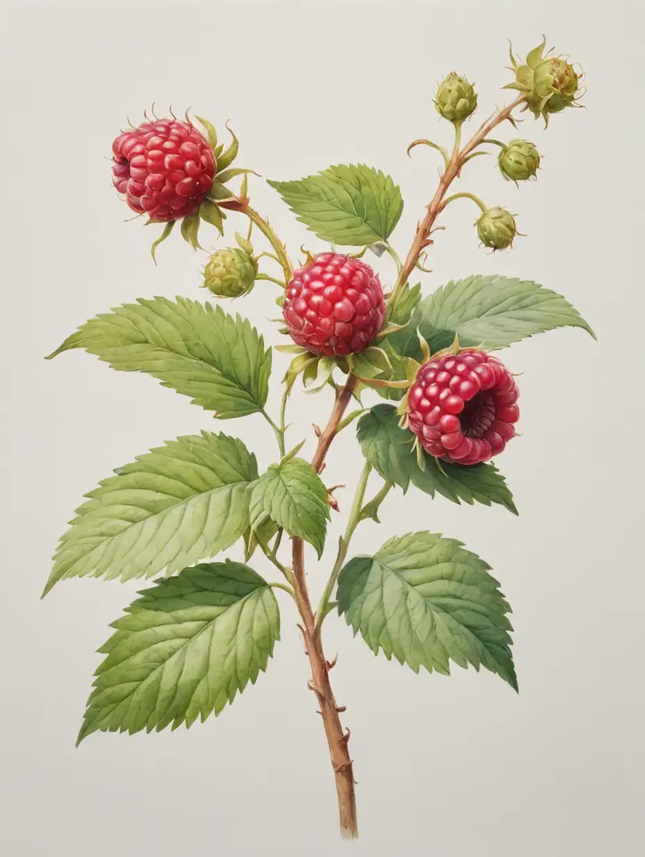 watercolor, raspberry branch without berriesr, white background