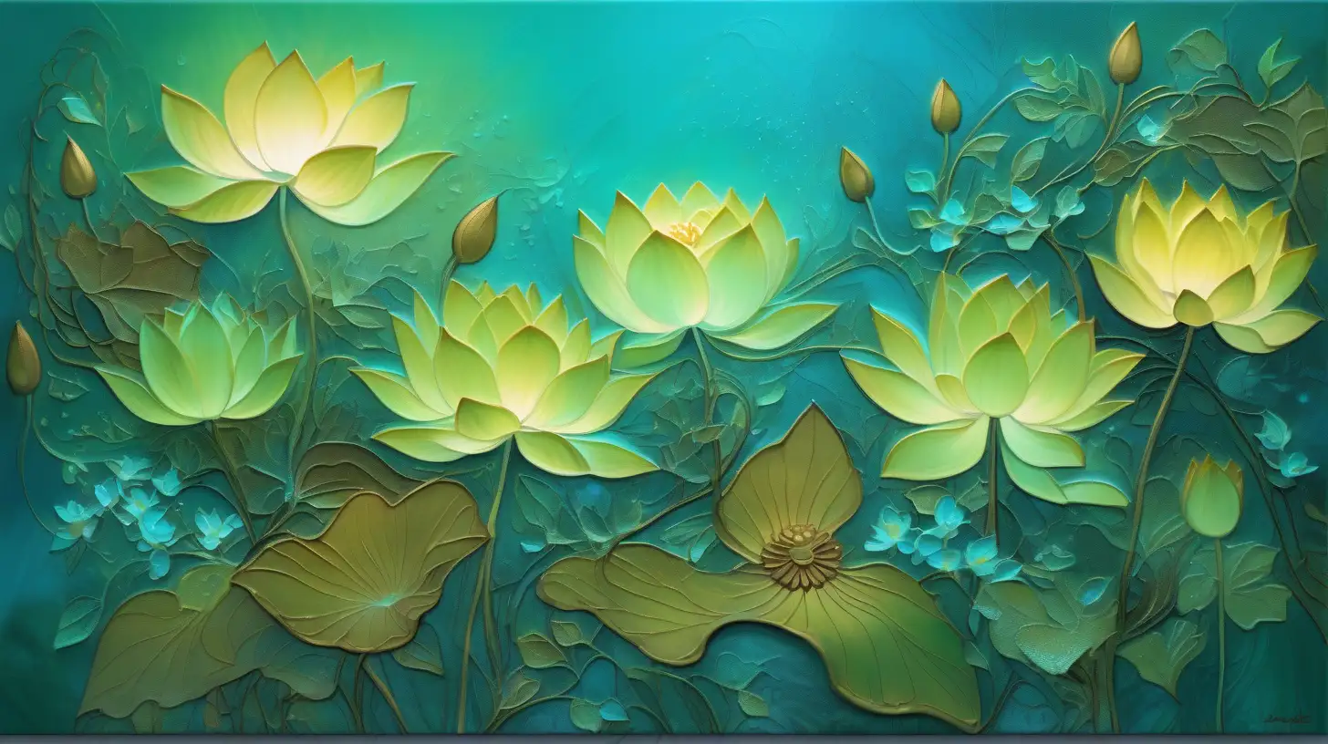 textured oil painting of abstract art of florescent colors of green-mint and leather browns and blues and golden-whites in golden dust and a magical baby-blue florals glowing with luminescent green vines and lotus