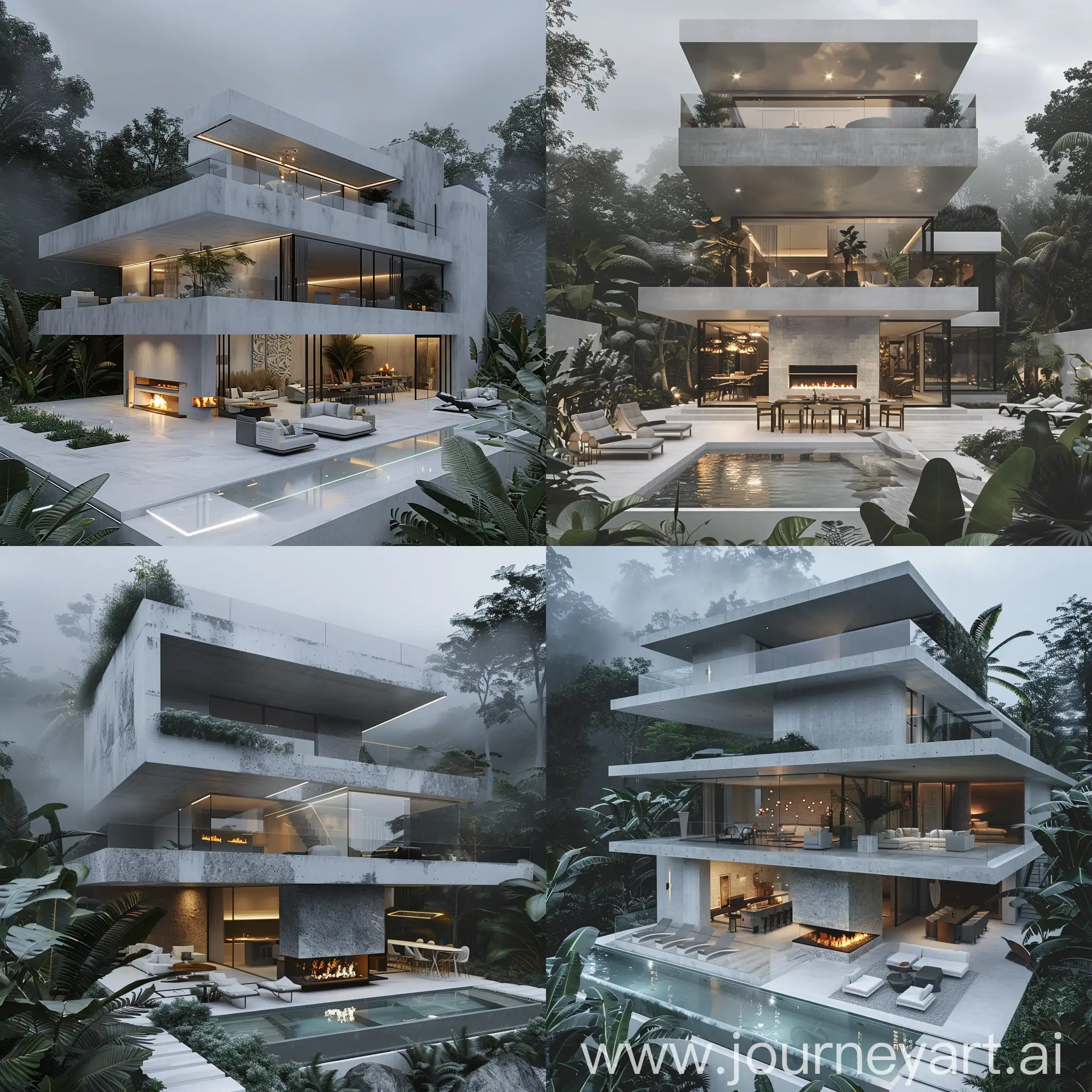 A modern three-story villa with white and gray colors and concrete, with full arrangement of furniture.
 with an infinity glass pool, decorated and soft lighting, fireplace and table and chairs, landscaped yard,
 In a lush tropical forest with broad leaves, foggy cloudy weather, real photo.