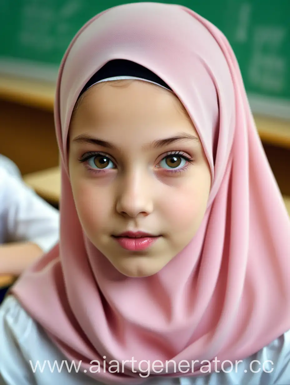 A 12 years innocent child ukranian  in classroom, most beautiful girl in the world, close-up, pink plump lips, tight blouse, wears hijab, top view