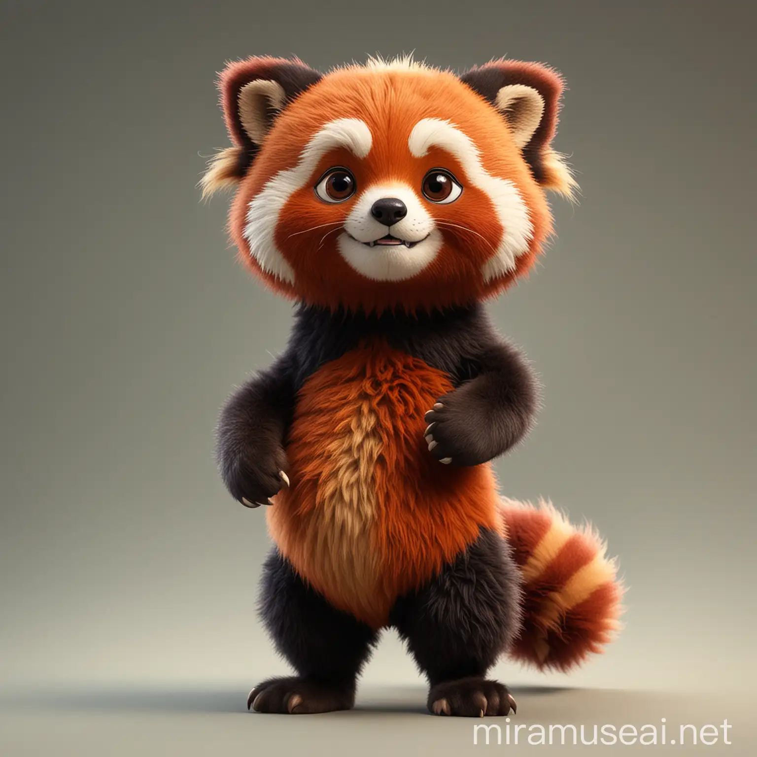 Cute 3D red panda in pixar style with textured and fluffy fur, standing on two hind legs