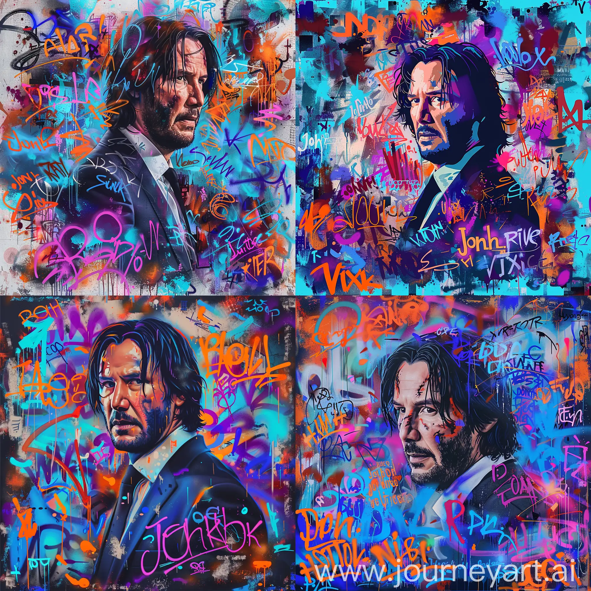 Create a stylized portrait with graffiti-like elements overlaying and surrounding john wick. The background and surrounding space should be filled with vibrant, expressive graffiti in colors such as blue, purple, orange, and red. Include various words and tags written in different styles Emulate the dynamic and energetic feel of street art while combining it with the formality of a portrait to contrast with the colorful content. --c 5