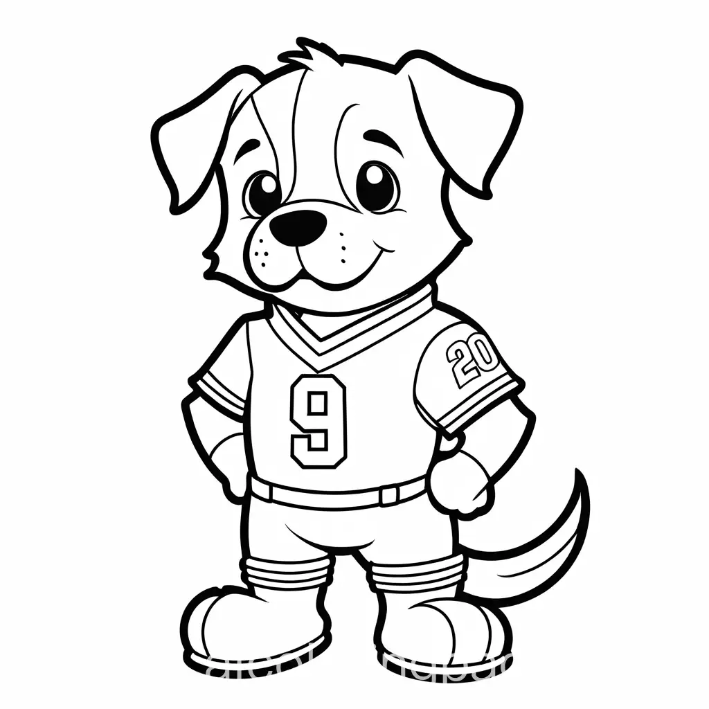 dog wearing football uniform cartoon, Coloring Page, black and white, line art, white background, Simplicity, Ample White Space. The background of the coloring page is plain white to make it easy for young children to color within the lines. The outlines of all the subjects are easy to distinguish, making it simple for kids to color without too much difficulty