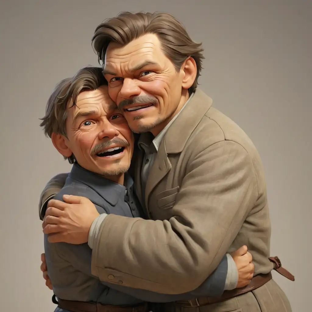 Счастливый писатель Максим Горький обнимает человека. Без фона. Стиль реализм, 3д-анимация.