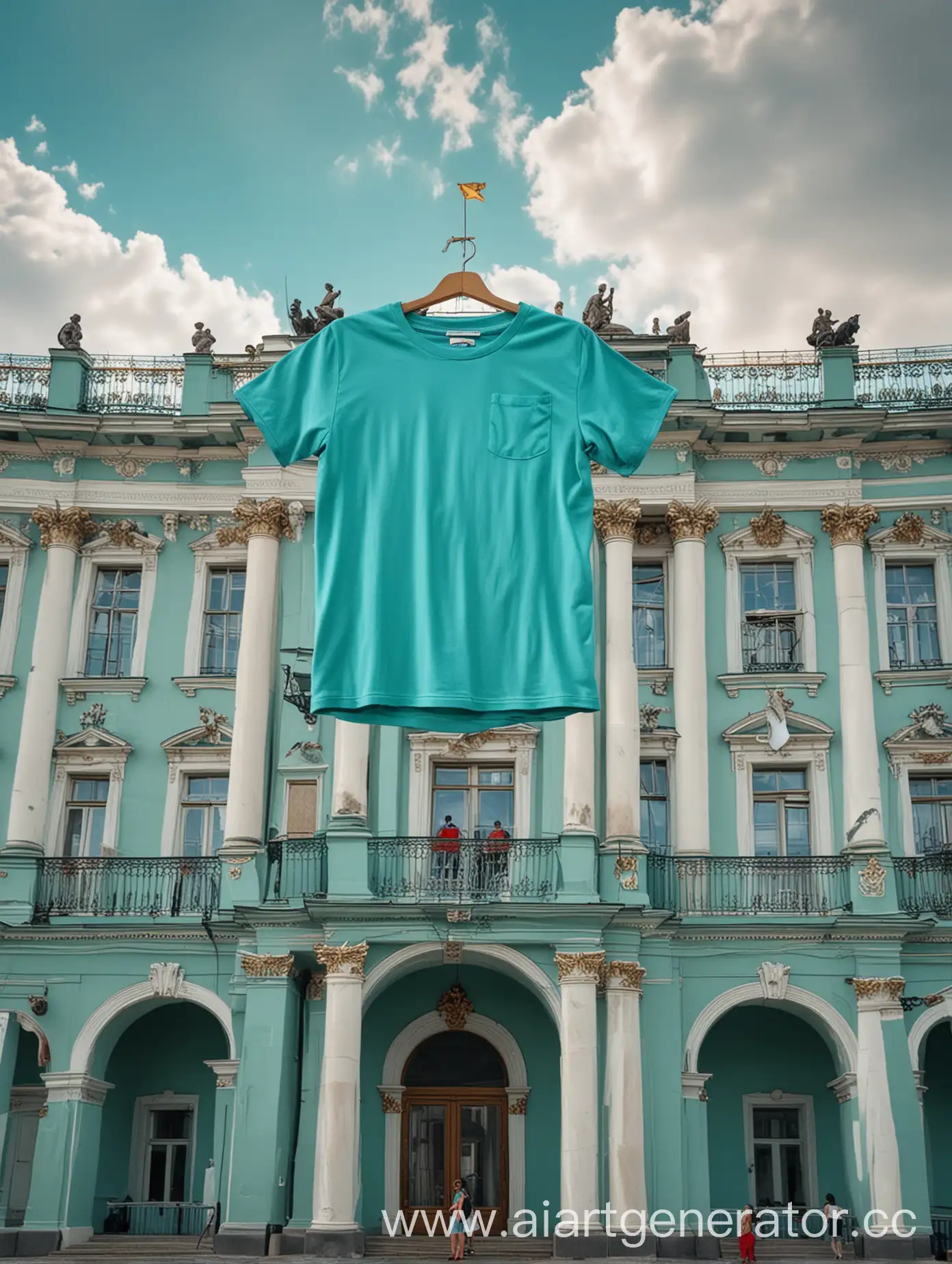 Create a huge turquoise t-shirt, the t-shirt floats on the background of the Hermitage in the air in St. Petersburg, small turquoise t-shirts fly through the sky