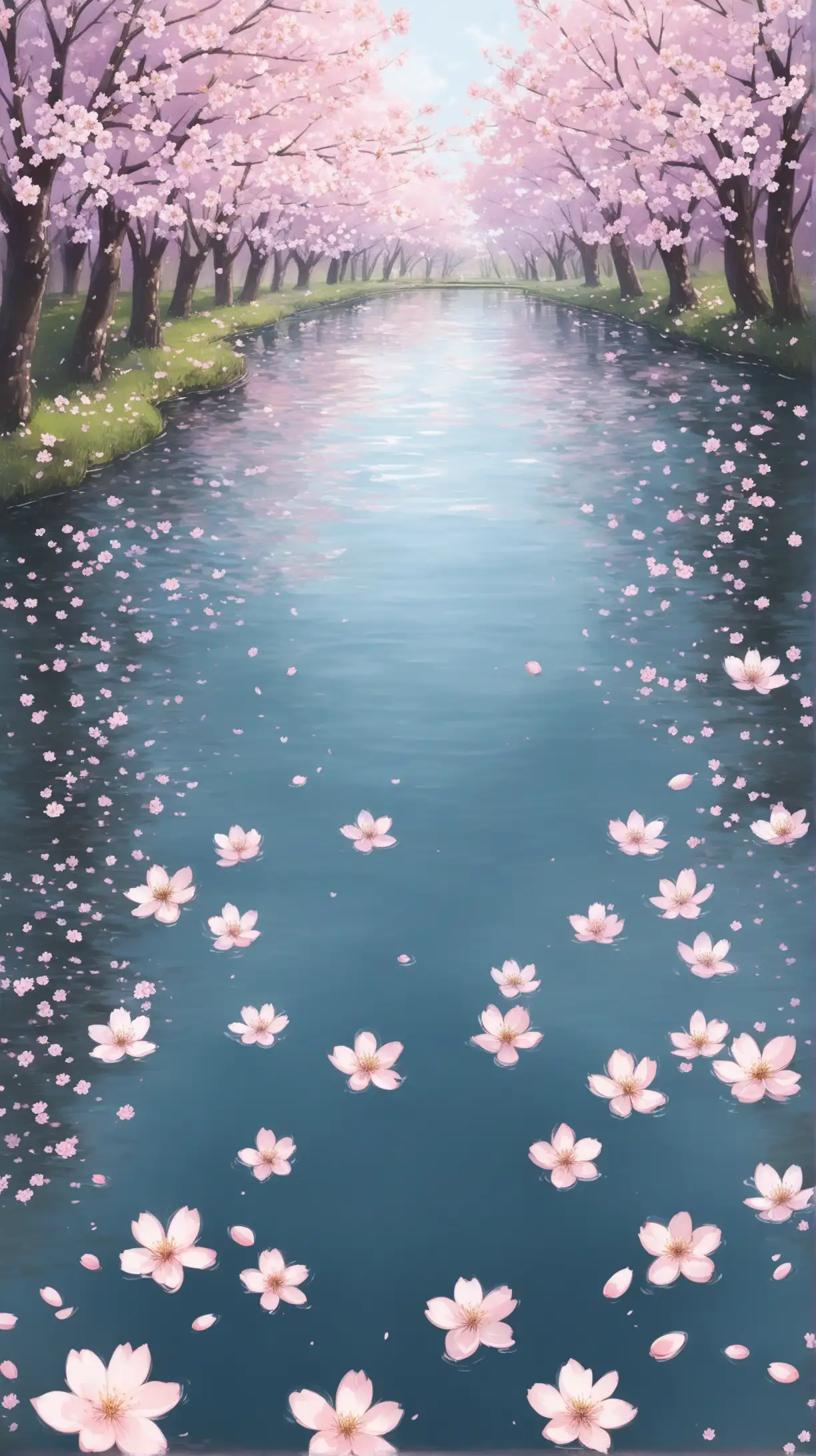 Tranquil Pond with Cherry Blossom Petals Floating