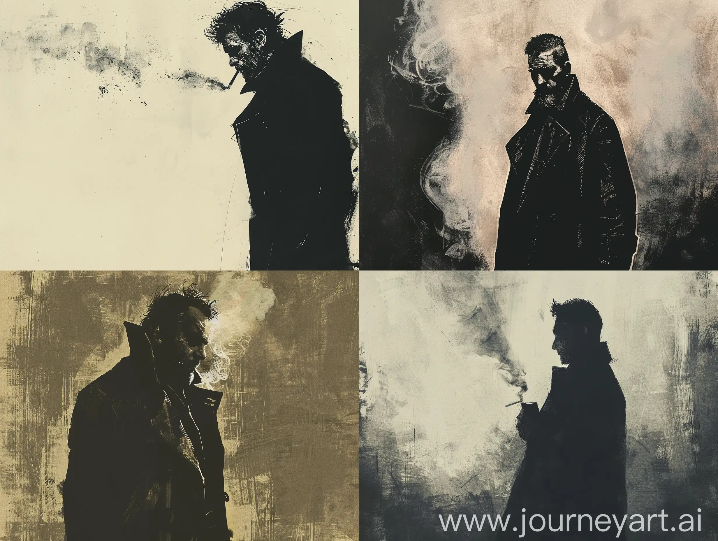 Middle-Aged-Man-in-Black-Trenchcoat-Smoking-in-Shadowy-Alley-Minimalist-Concept-Art