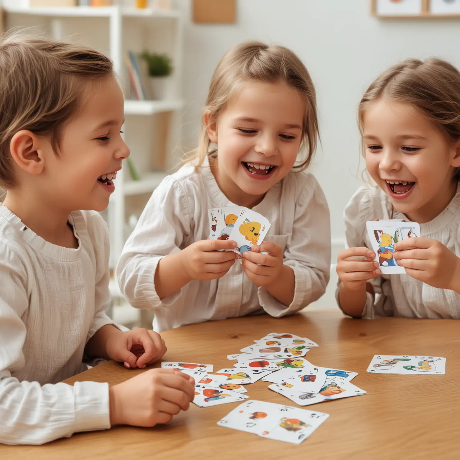 white children playing with learning cards in a kindergarten, they are laughing
