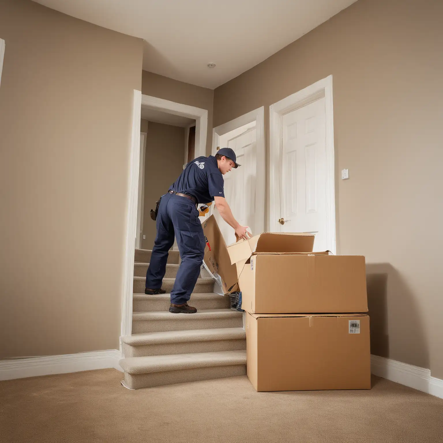 Create a high-quality photograph depicting a single item removal scenario by a professional junk removal team. The image should feature a team member in a branded uniform, lifting or moving a large, bulky item such as a refrigerator, sofa, or old television out of a residential home or apartment. The setting shows the worker navigating through a doorway or down a flight of stairs, highlighting the care and skill required to handle large items safely. The scene conveys a sense of personal service and attention to detail, emphasizing the convenience offered by the company. Use a DSLR camera with an 85mm lens for a more intimate and detailed capture of the action, focusing on the interaction between the worker and the item being removed.