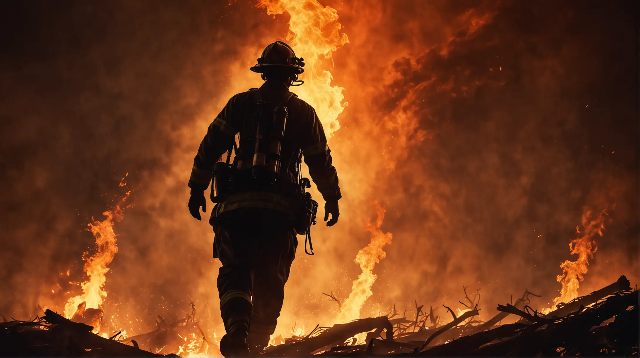 A brave fireman stands tall amidst the raging inferno, his silhouette illuminated by the flickering flames. The intense heat and smoke only add to the intensity of the scene, as he heroically saves lives and battles against the destructive force of nature.
