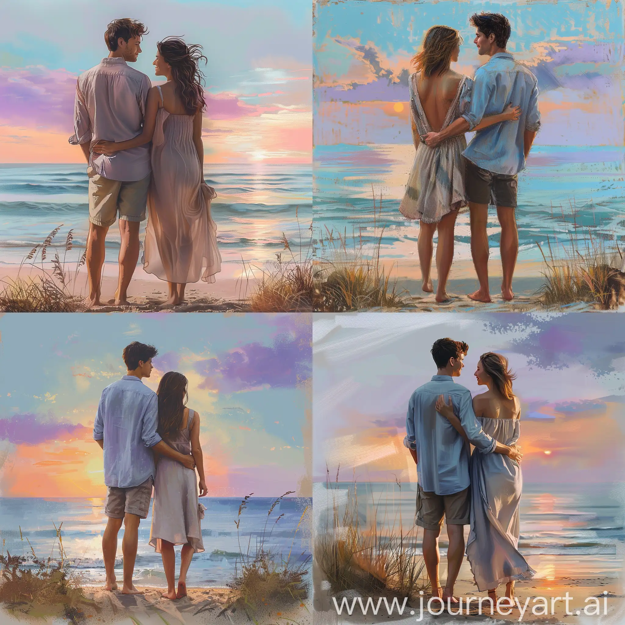 Romantic-Beach-Sunset-Scene-with-Young-Couple-Embracing