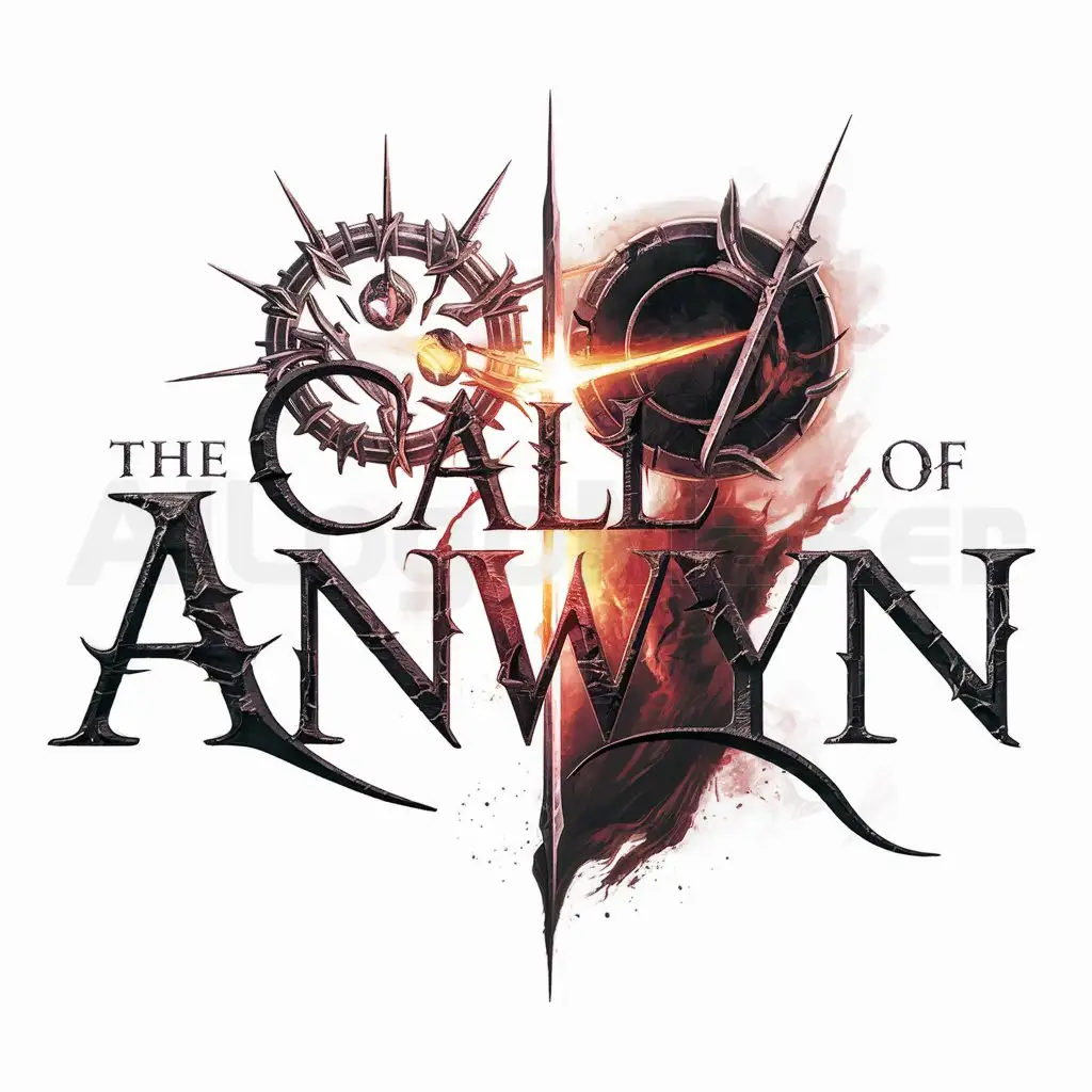 a logo design,with the text "The call of Anwyn", main symbol:a logo design, with the text 'The call of Anwyn', main symbol:logo fantasy with symbol symbolizing light (good) versus darkness (evil), d&d, dark, violent, gothic letters, Dark Souls look, photorealistic, clear background,Moderate,clear background