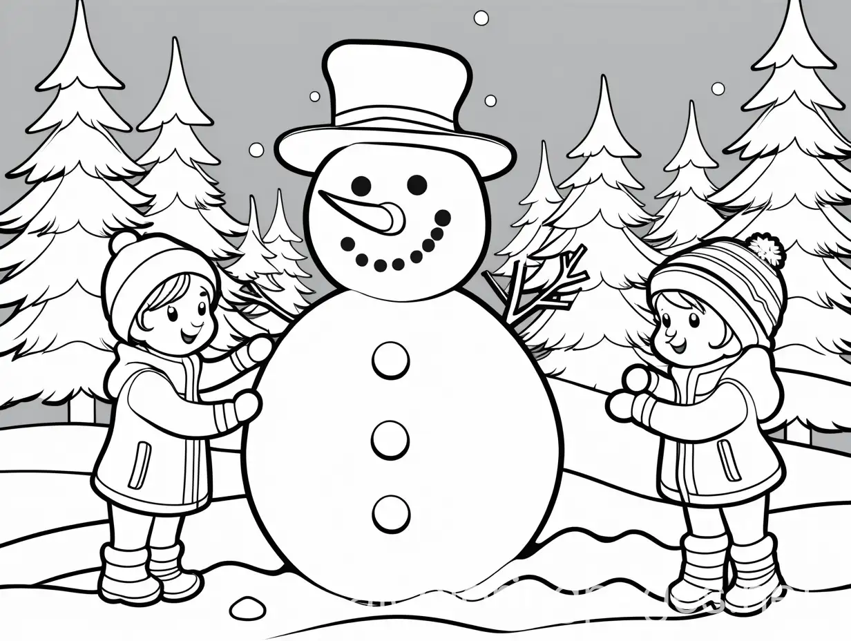 kids building snowman, Coloring Page, black and white, line art, white background, Simplicity, Ample White Space