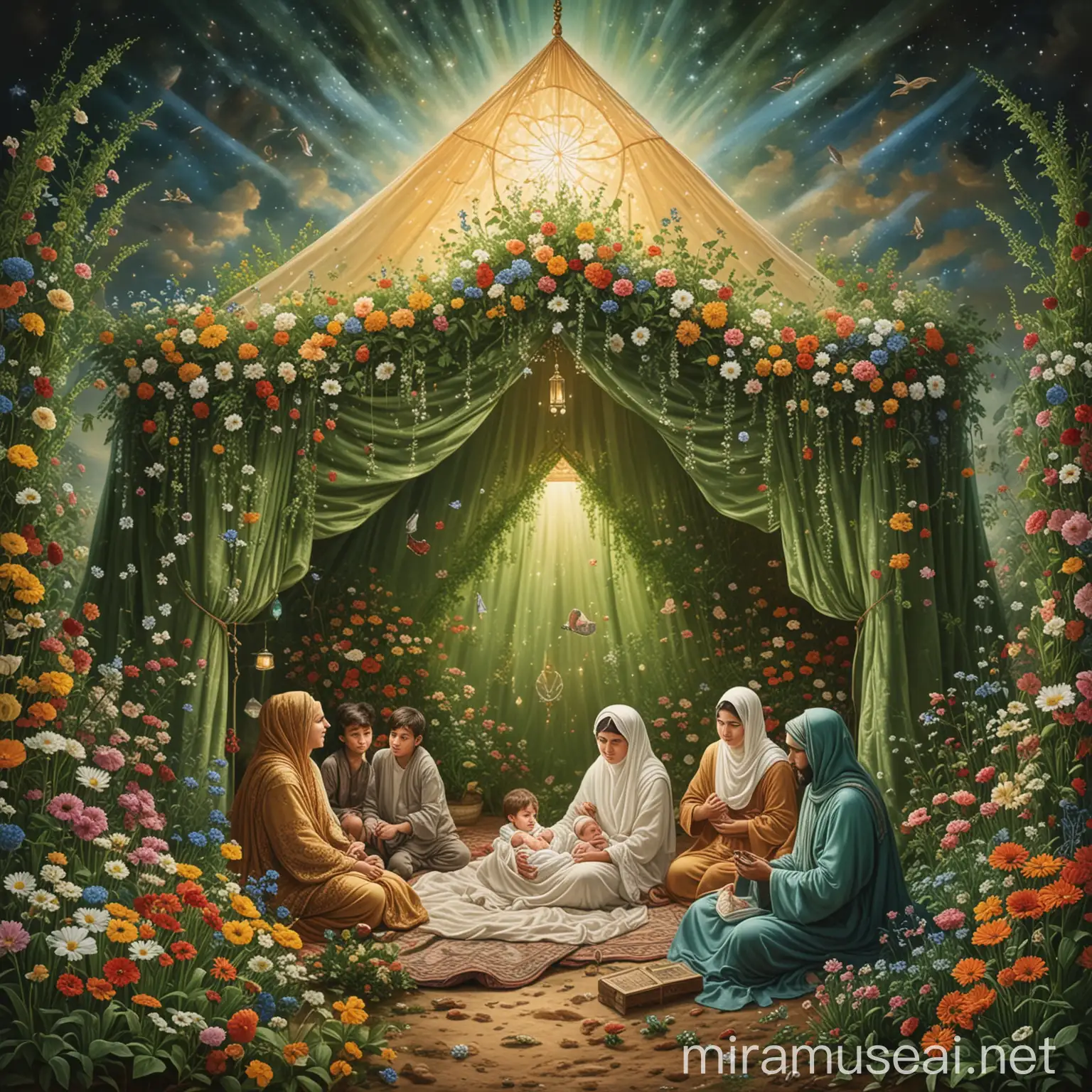 A scene full of flowers and green plants, with a family of four children, one of them a newborn in the mother's tent, and the father with fortifications. All this family looks up to a luminous point above, in which the word of Allah is crystallized, representing the growth of a monotheistic family.