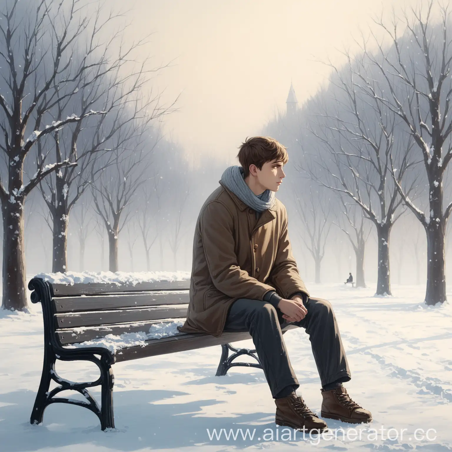молодой парень сидит зимой на лавочке смотрит в даль арт