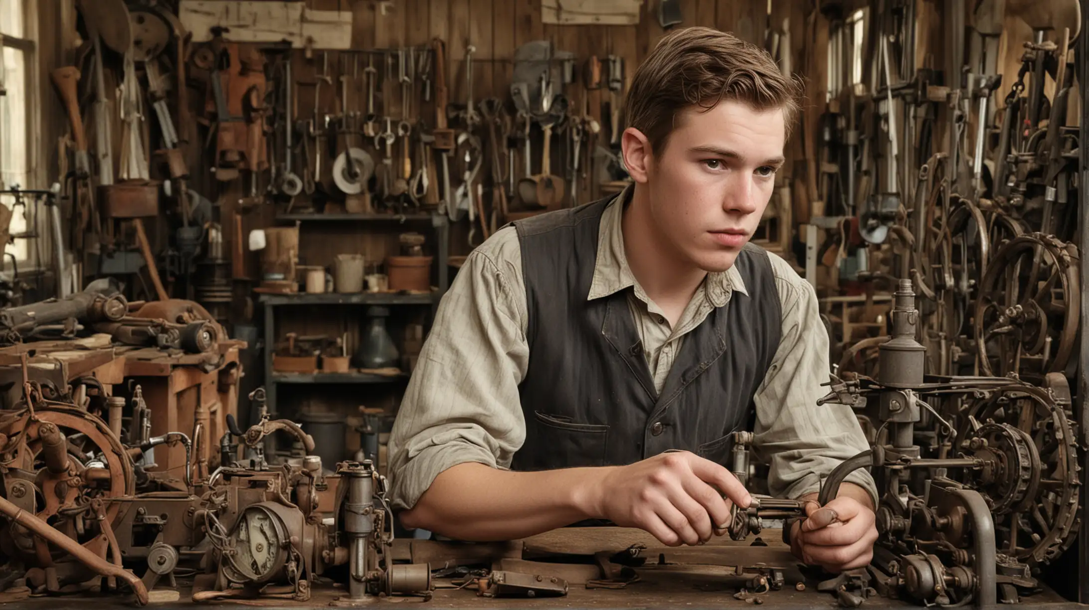 Prompt: From Farm to Factory:  Born in 1863 on a Michigan farm, young Henry possessed a natural curiosity for mechanics. He tinkered with watches and farm implements, yearning for a life beyond the backbreaking labor of the fields. At 16, he apprenticed in a machine shop, his thirst for knowledge growing with every gear he turned. Ford's early years instilled a work ethic that would later define his factories, but also a disdain for the drudgery of manual labor, a feeling that would fuel his future innovations.
Background: Farm
