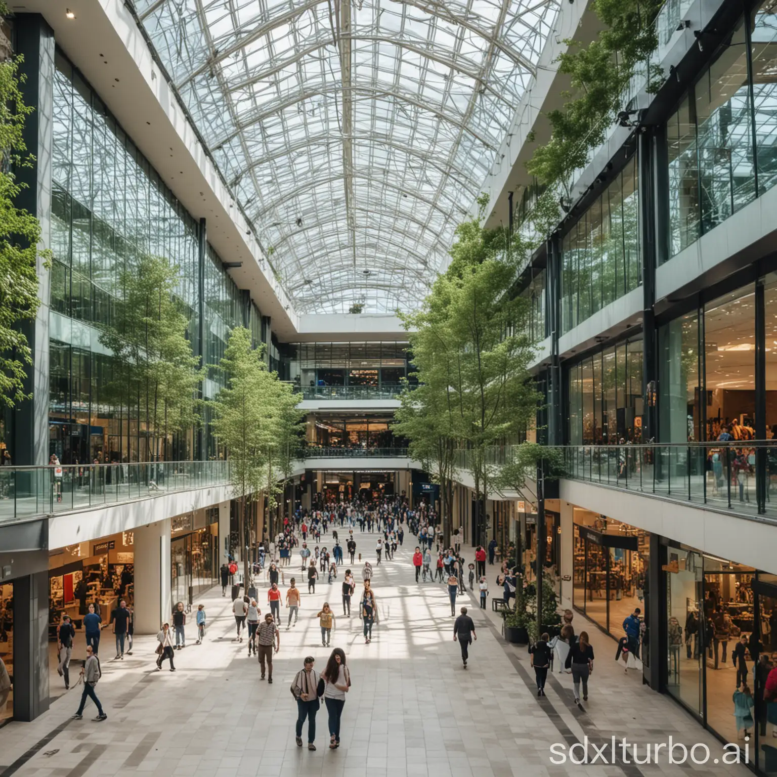 Modern-Shopping-Mall-with-Glass-Facade-and-Green-Surroundings