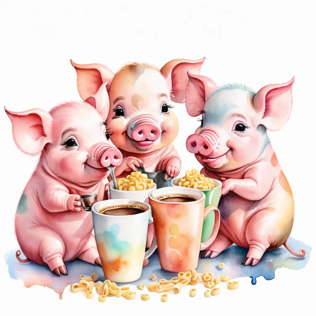 Små söta glada griskultingar som dricker kaffe och äter makaroner, I pastellfärger, med vattenfärg 