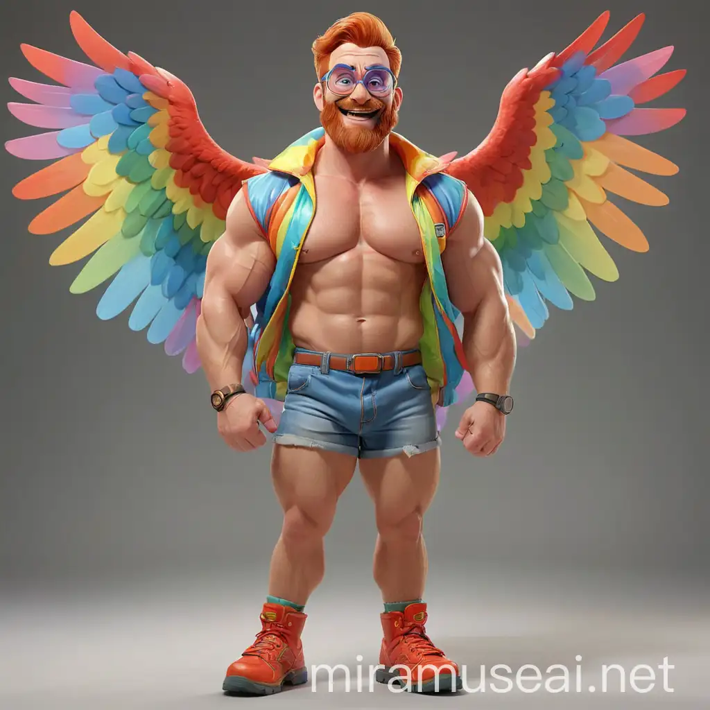 Topless Red Head Bodybuilder Daddy Flexing with Rainbow Colored Eagle Wings Jacket