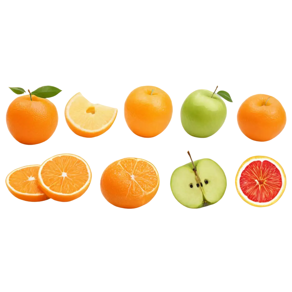 orange and apple slices, side view, realistic