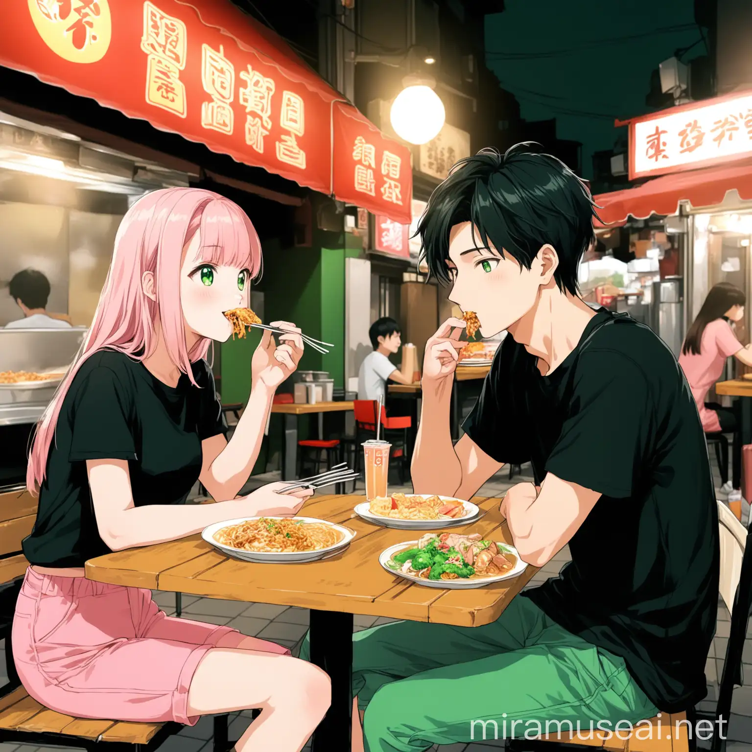 A 20-year-old handsome man in a green short-sleeved shirt and a 20-year-old beauty in a black short-sleeved shirt and pink long pants are sitting at a street restaurant in Taiwan. There is delicious food on the table.