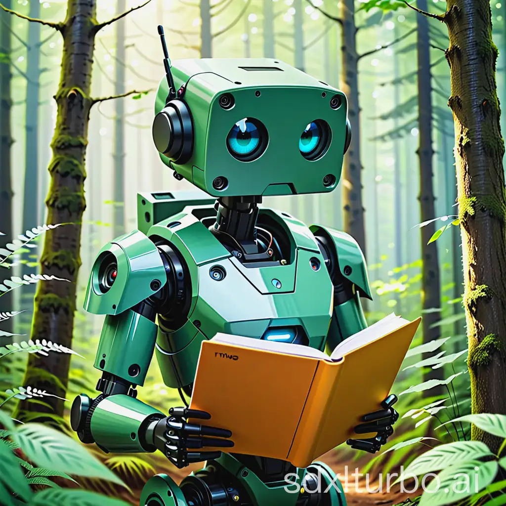 Un avatar pour un robot guide nature.  Dans la forêt. Camouflage. Cahier de note.