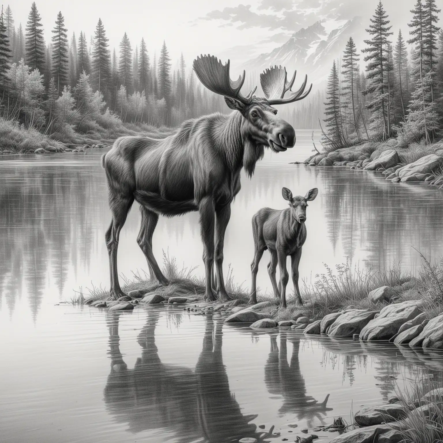 Реалистичный рисунок в стиле карандашной графики детализированный лось с лосихой на берегу озера на белом фоне