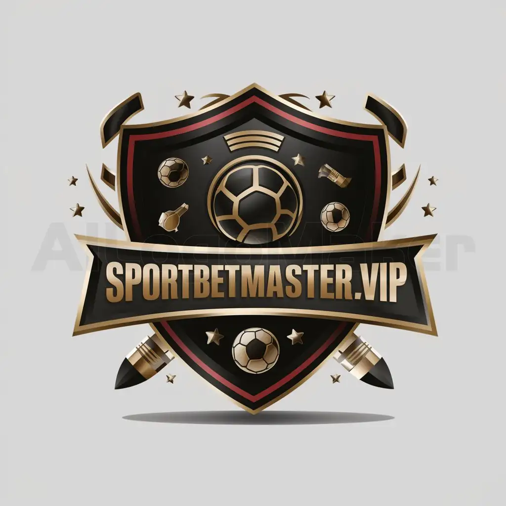 a logo design,with the text "SportBetMasterVIP", main symbol:Dark shield red edges with a football ball and other sport elements, logo name SportBetMasterVIP golden colored, the logo should be aggressive but also elegant because it's VIP,complex,be used in Stavki na sport industry,clear background