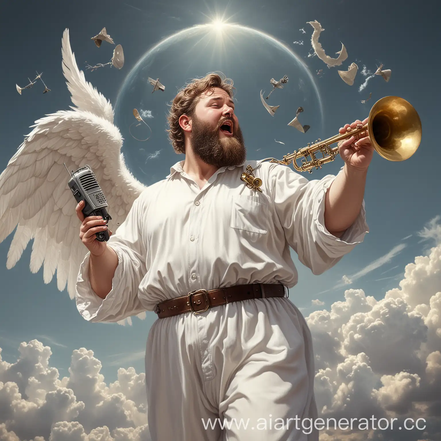 Толстый бородатый ангел в белой одежде дует в трубу в небесах, держит в руке радиоприемник, а на земле радиопередатчики, фотореализм
