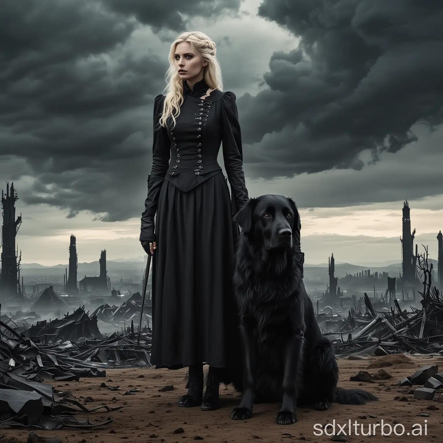 Blonde-Gothic-Woman-and-Large-Black-Dog-Witness-the-Apocalypse