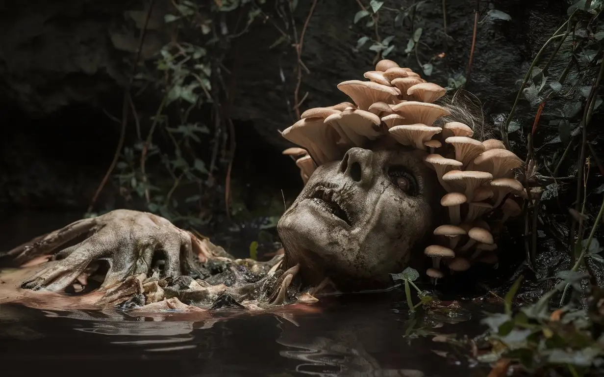 4K REALISTIC PHOTOGRAPHY MUSHROOM GROWING ON A DEADBODY