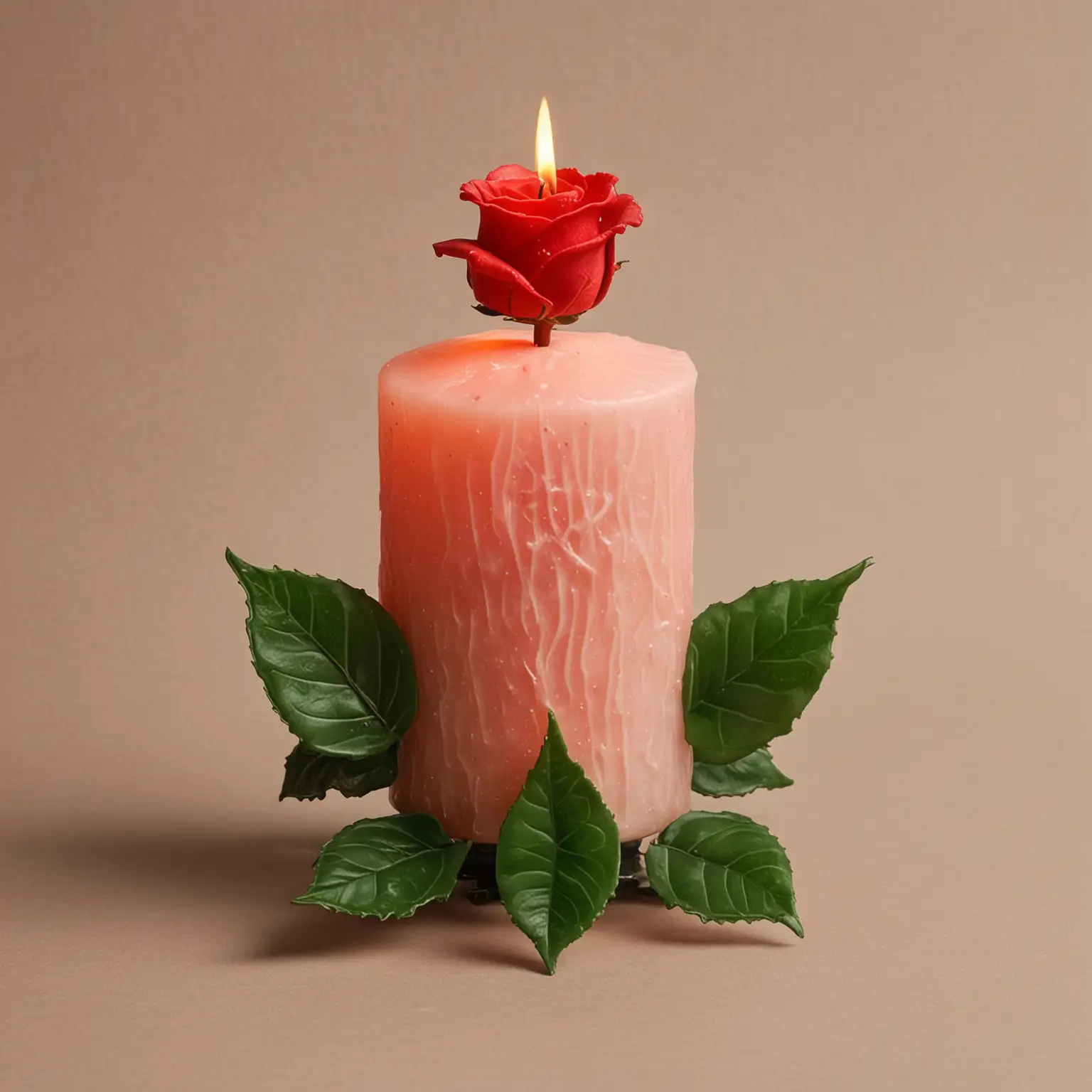  candle, red rose flower shape, green leaves
