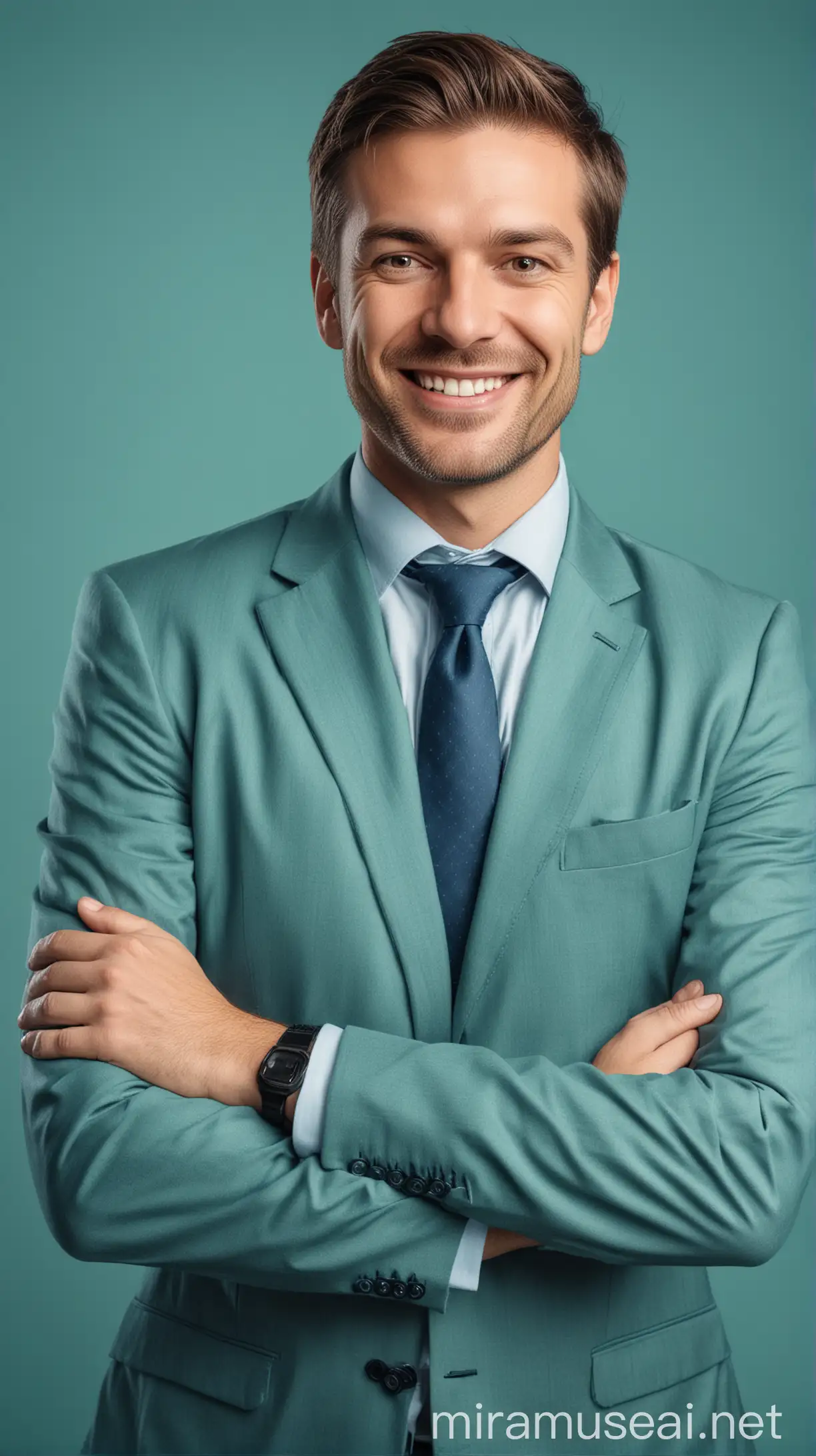 A realistic image of a Commercial Real Estate Investor with a happy expression and his arms crossed, looking directly at the camera with an inviting expression. Image background is greenish blue