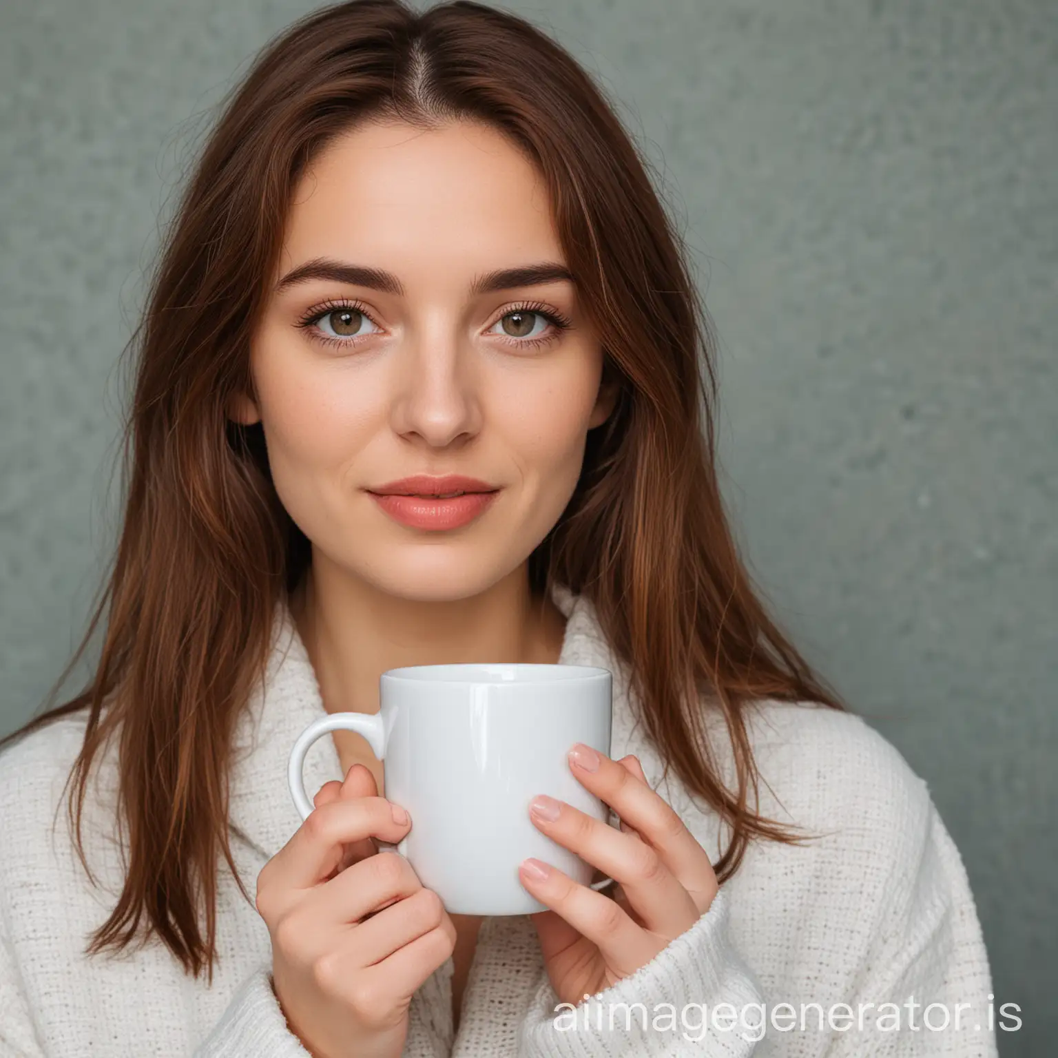 Woman holding white mug