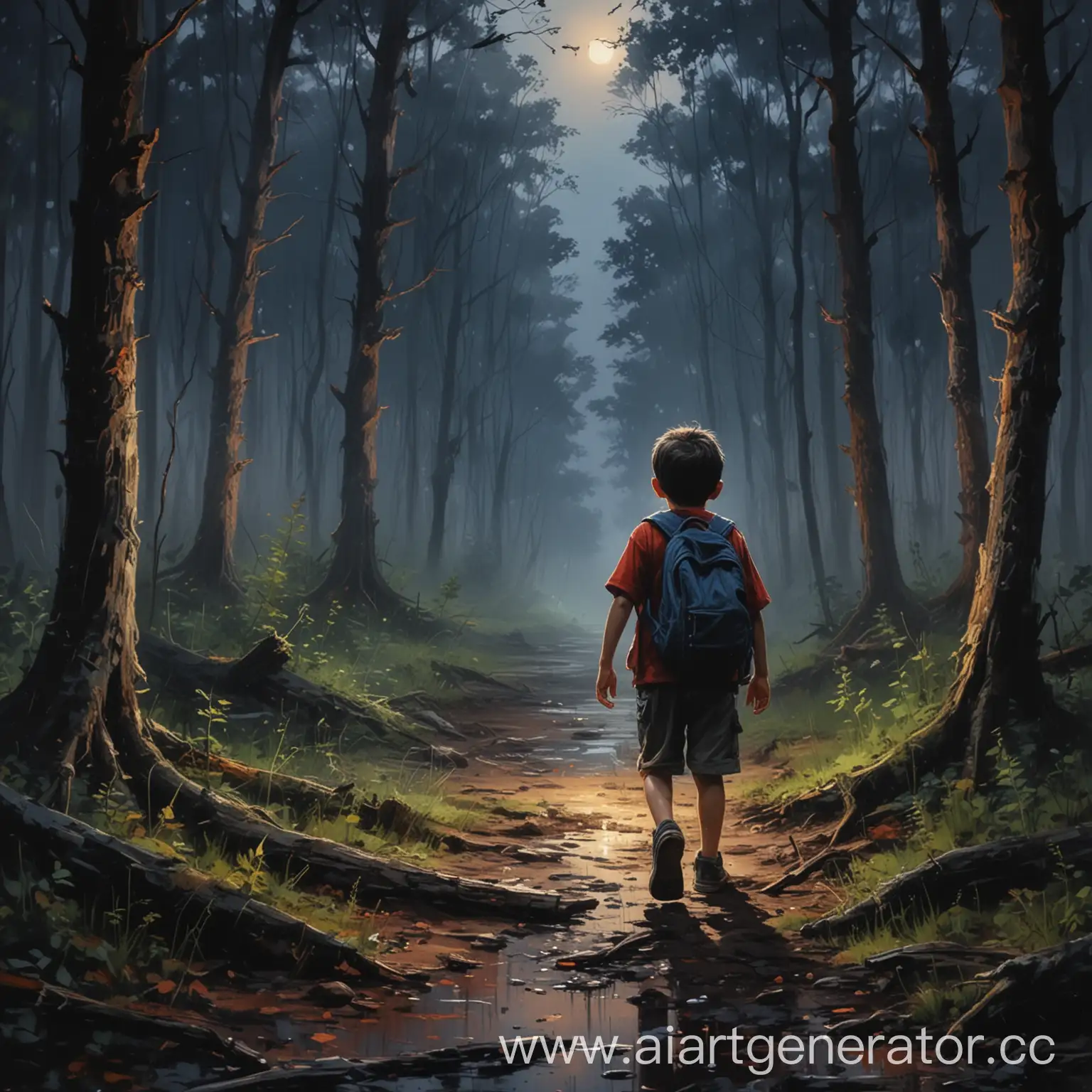 Fearful-Little-Boy-Painting-in-Twilight-Forest