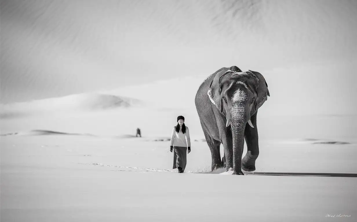 a minimalist black and white photography of a white world with a vietnamese woman and an elephant walking together from far away，small，The figures and elephants look small， Black and white photography with many negative spaces. White and pure feeling. 8K quality. Awarded photography 