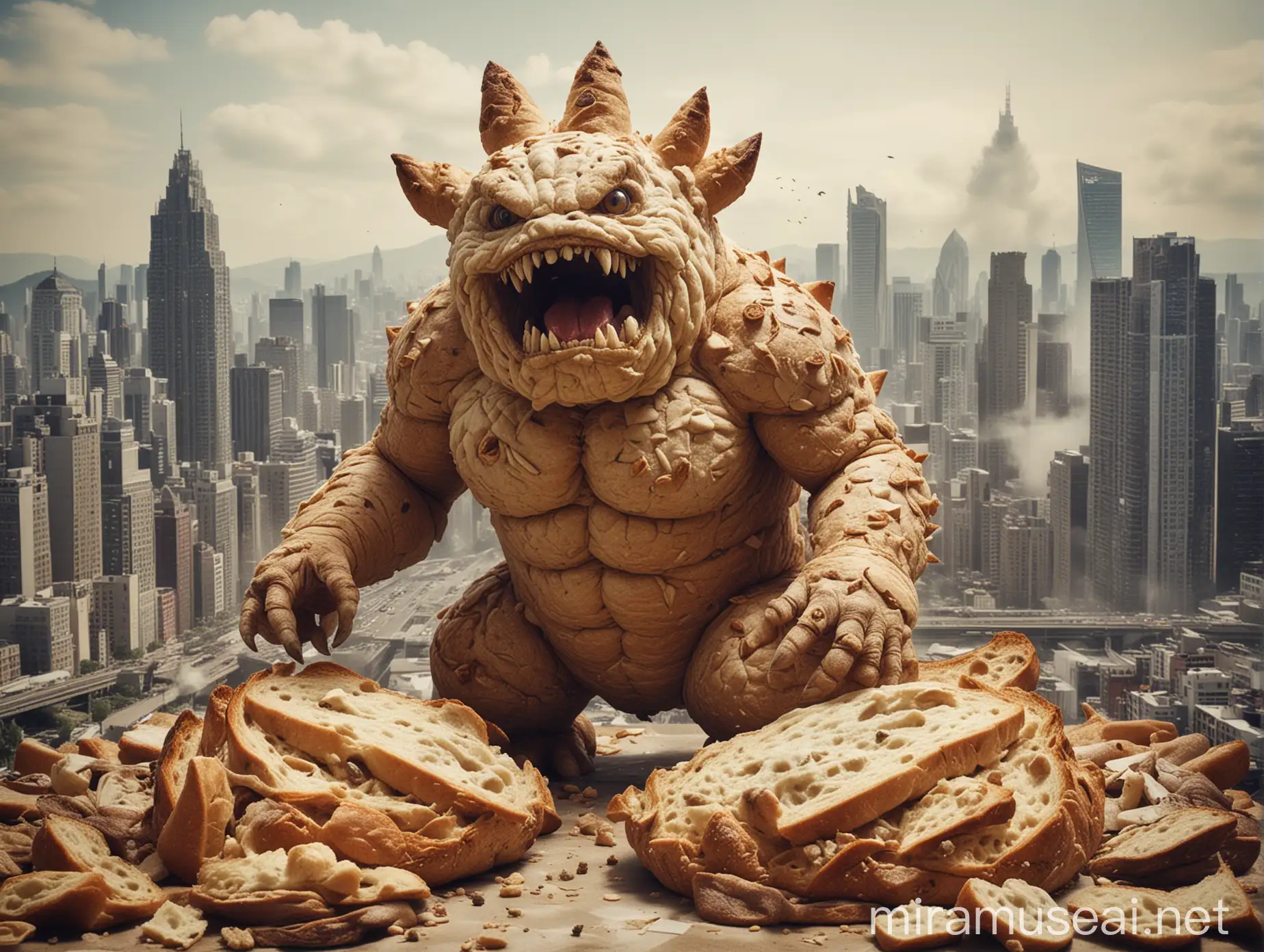 Angry Sourdough Bread Monster Kaiju Destroying City